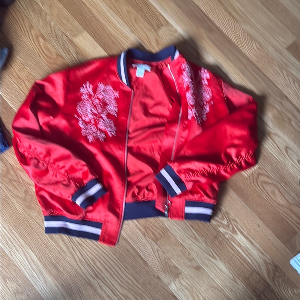 Red floral varsity jacket